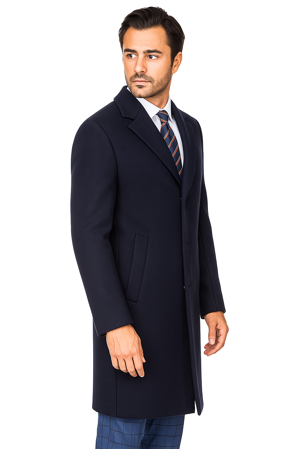 Stylish Navy Overcoat for Men – Solid Wool Blend with Sleek Fit