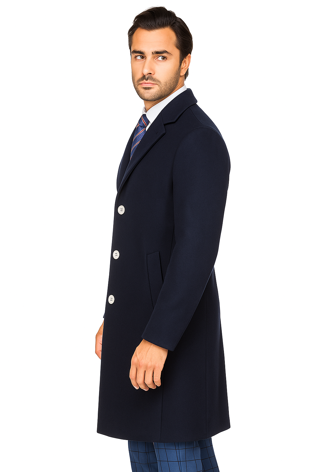 Stylish Navy Overcoat for Men – Solid Wool Blend with Sleek Fit