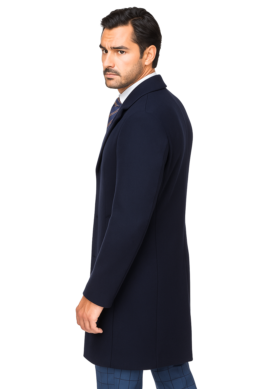 Stylish Navy Overcoat for Men – Solid Wool Blend with Sleek Fit