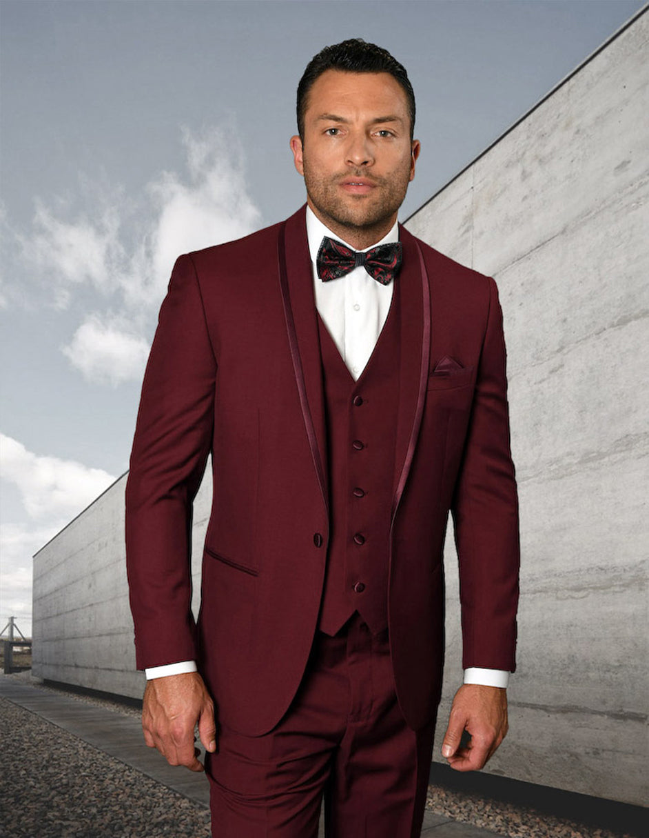 Burgundy Shawl Lapel Tuxedo with Satin Trim