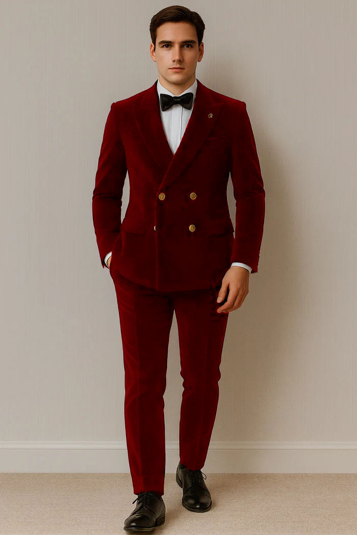 Mens Velvet Suit - Slim Fit Double Breasted Suit Blazer and Pants - Green