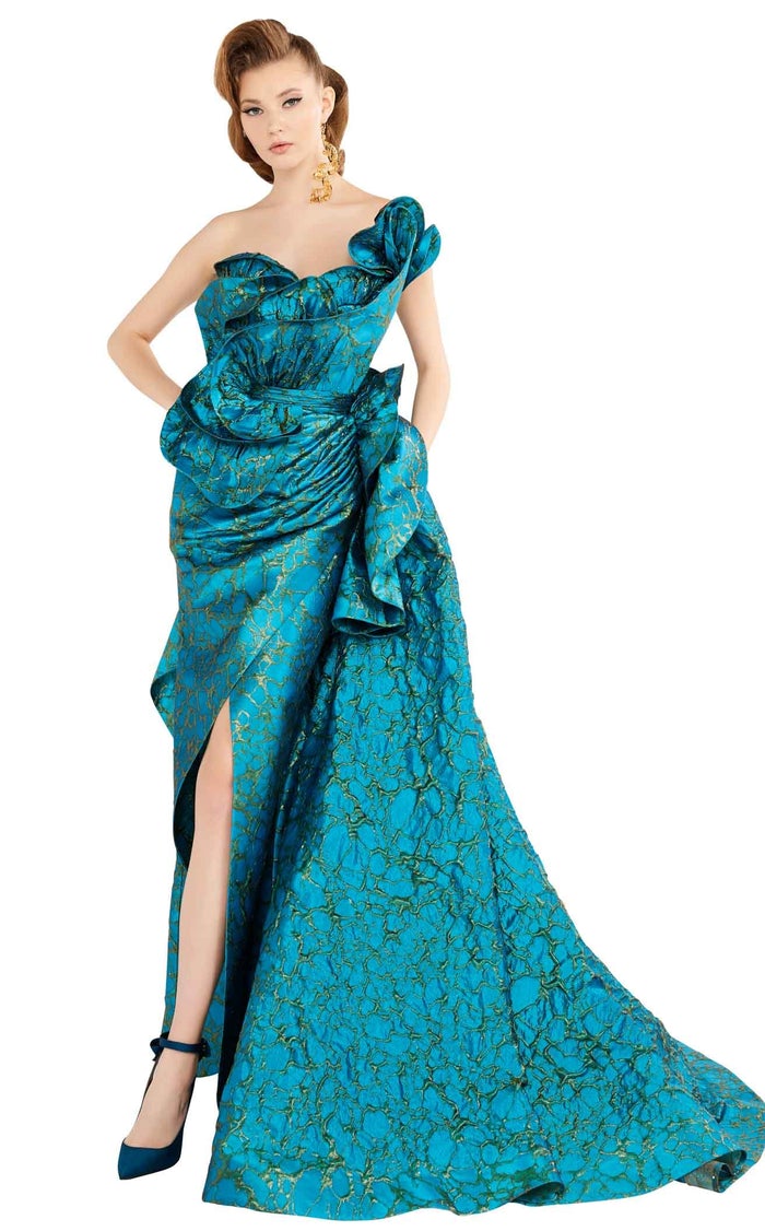 Fouad Sarkis 2567 Aqua One-Shoulder Ruffled Gown by MNM Couture