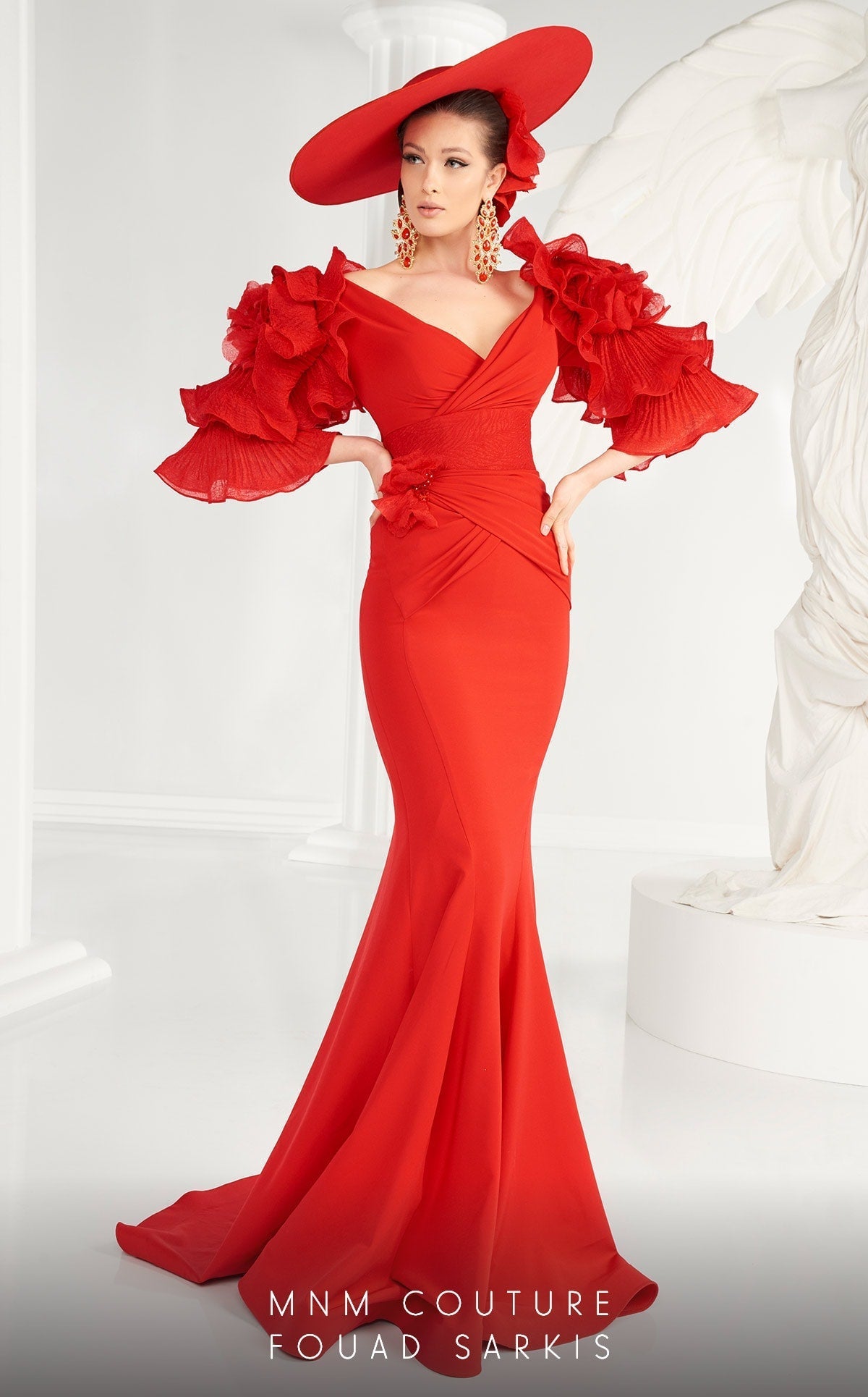 Fouad Sarkis 2574 Red Ruffled Sleeve Mermaid Gown by MNM Couture