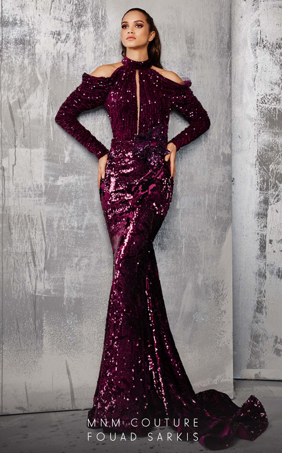 Fouad Sarkis 2607 Magenta Sequin Cold-Shoulder Gown by MNM Couture