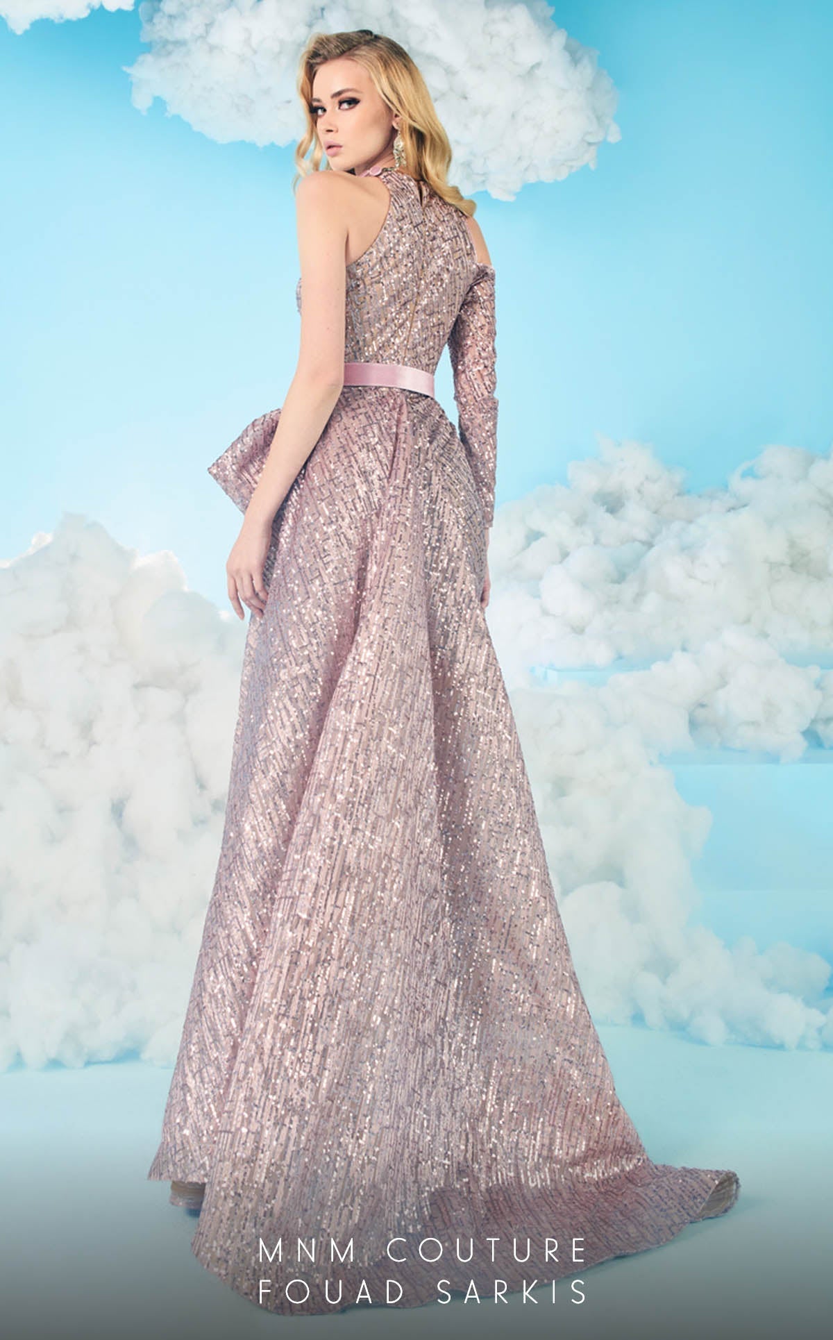 Fouad Sarkis 2609 One-Shoulder Sequin Gown in Pink by MNM Couture