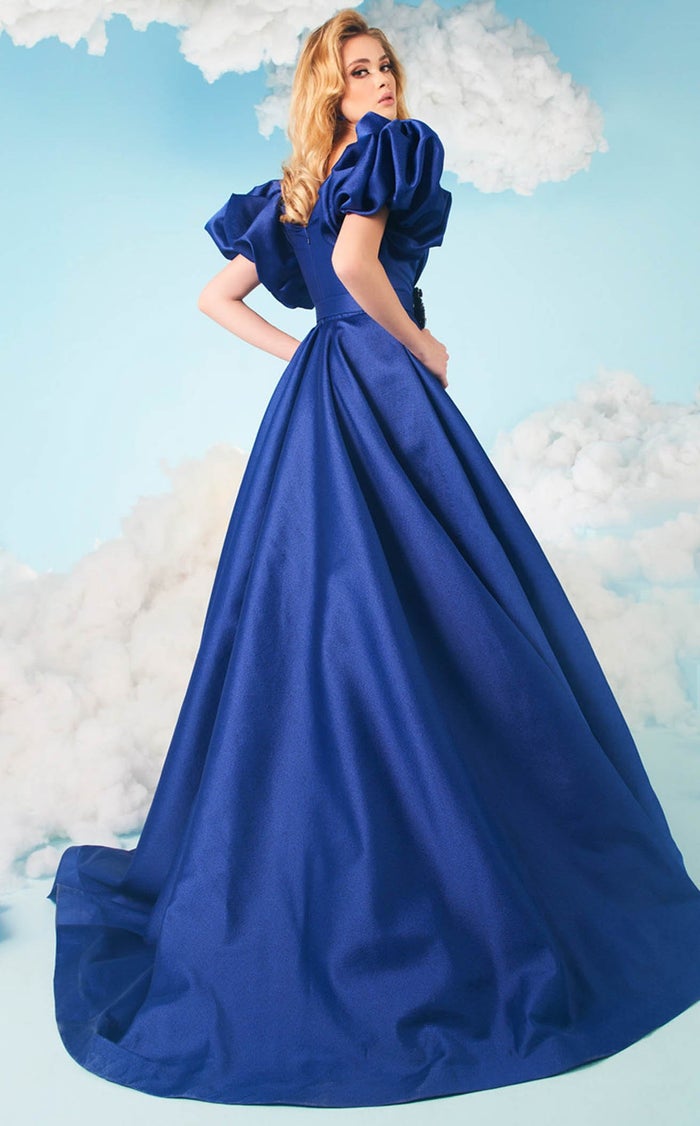 Fouad Sarkis 2616 Puff Sleeve High-Slit Gown in Blue by MNM Couture