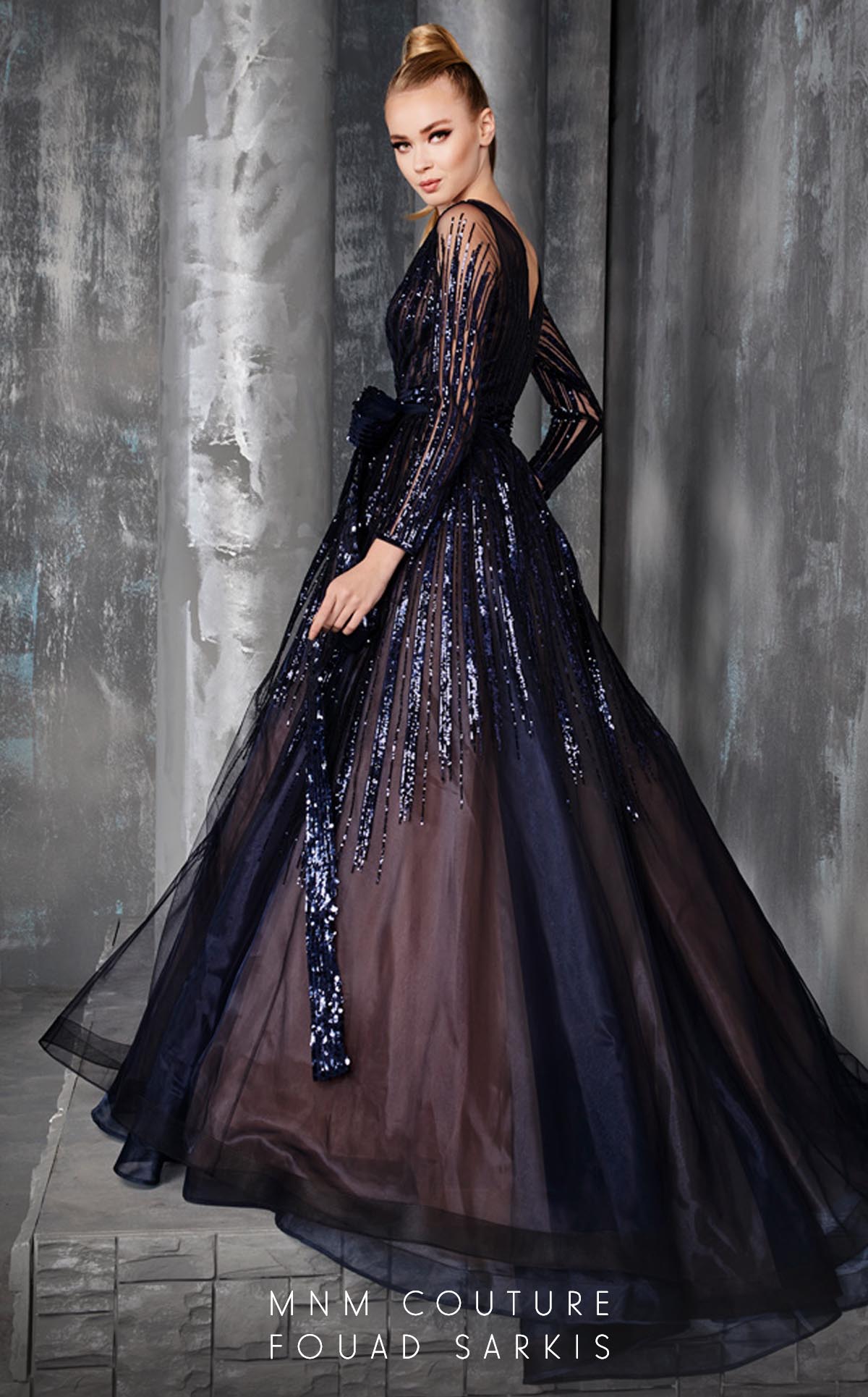 Fouad Sarkis 2621 Blue Sequined Illusion Ball Gown by MNM Couture