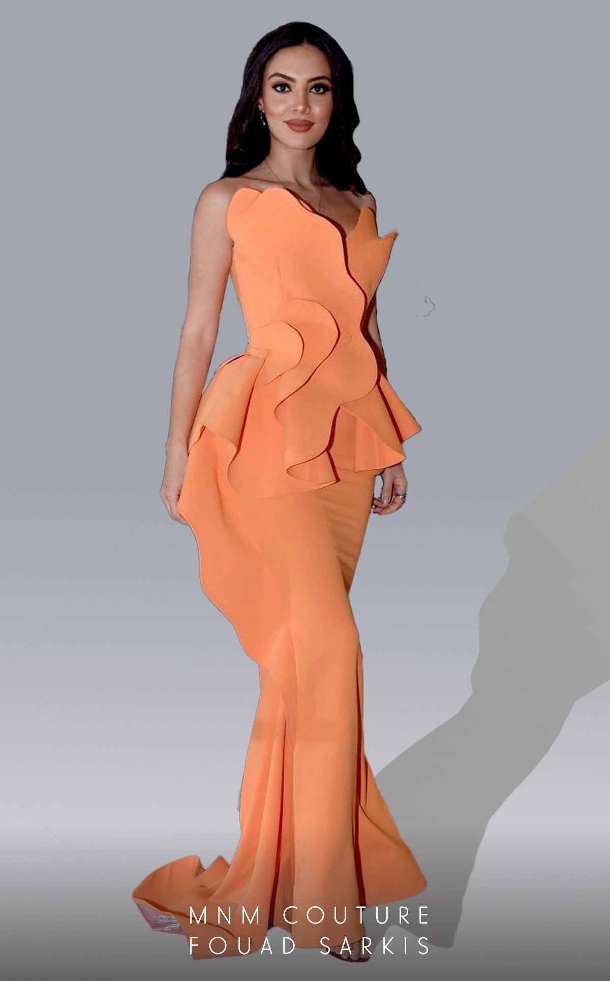 Fouad Sarkis 2647 Mustard Strapless Sculpted Ruffle Gown by MNM Couture
