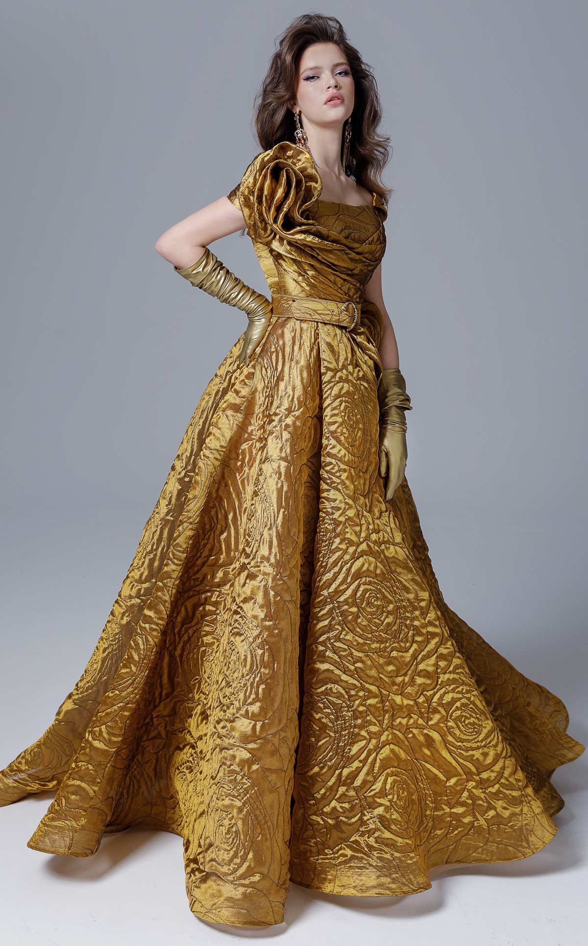 MNM Couture 2699 Mustard Sculpted Sleeve Ball Gown