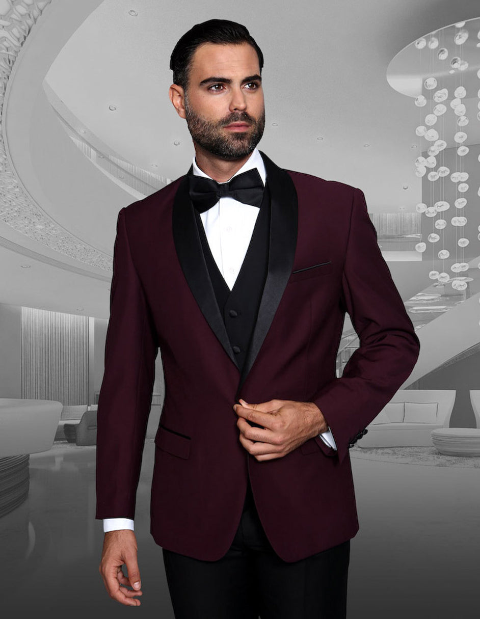 Burgundy Wool Shawl Lapel Vested Tuxedo