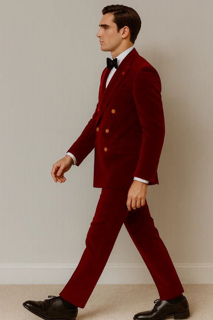 Mens Velvet Suit - Slim Fit Double Breasted Suit Blazer and Pants - Green
