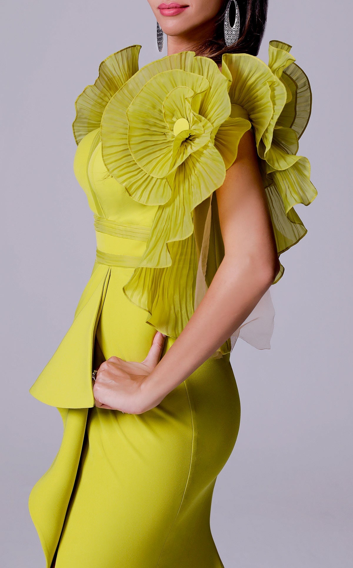 Fouad Sarkis 2712 Statement Ruffled Sleeve Slit Gown