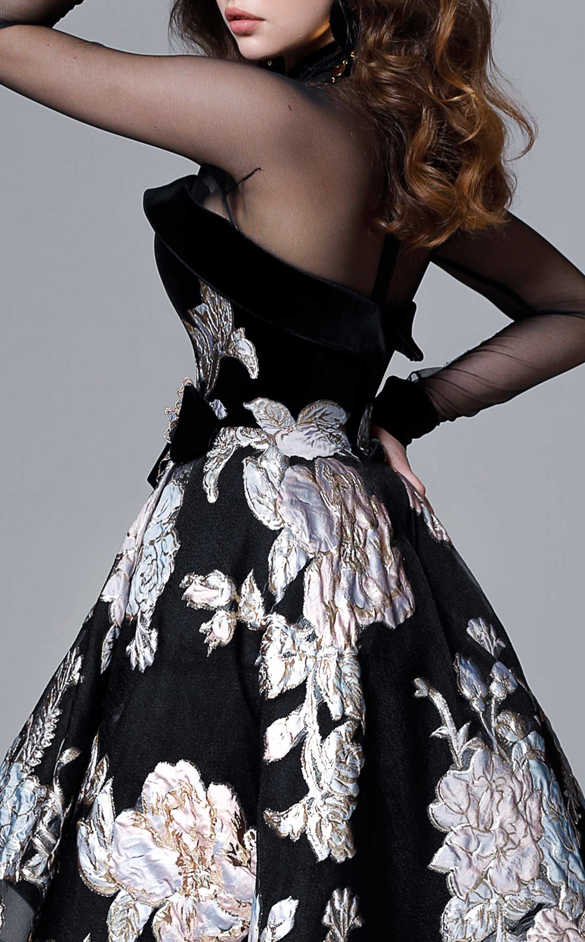 MNM Couture 2715 Sheer Bodice Floral High-Low Gown in Black