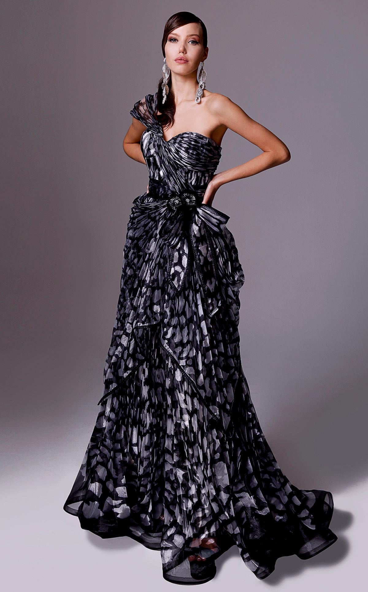 Fouad Sarkis 2717 One-Shoulder Layered Gown