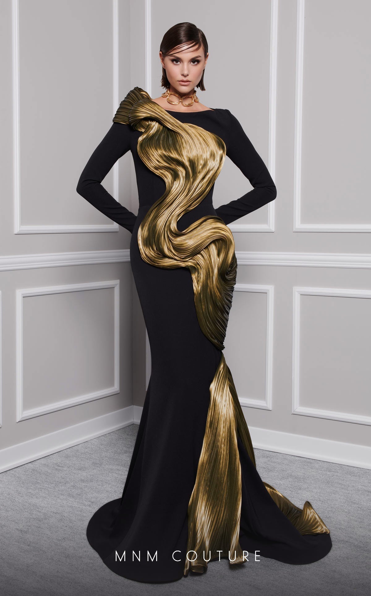 MNM Couture 2730A Jewel Neck Draped Mermaid Gown in Black/Olive