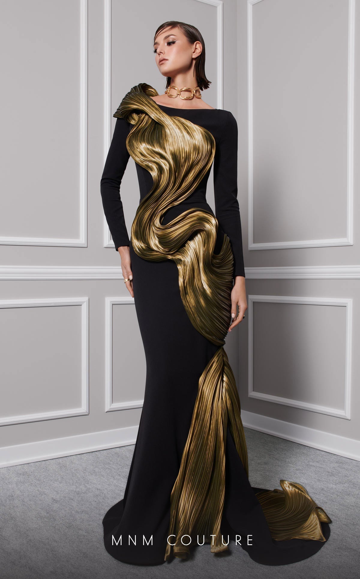 MNM Couture 2730A Jewel Neck Draped Mermaid Gown in Black/Olive
