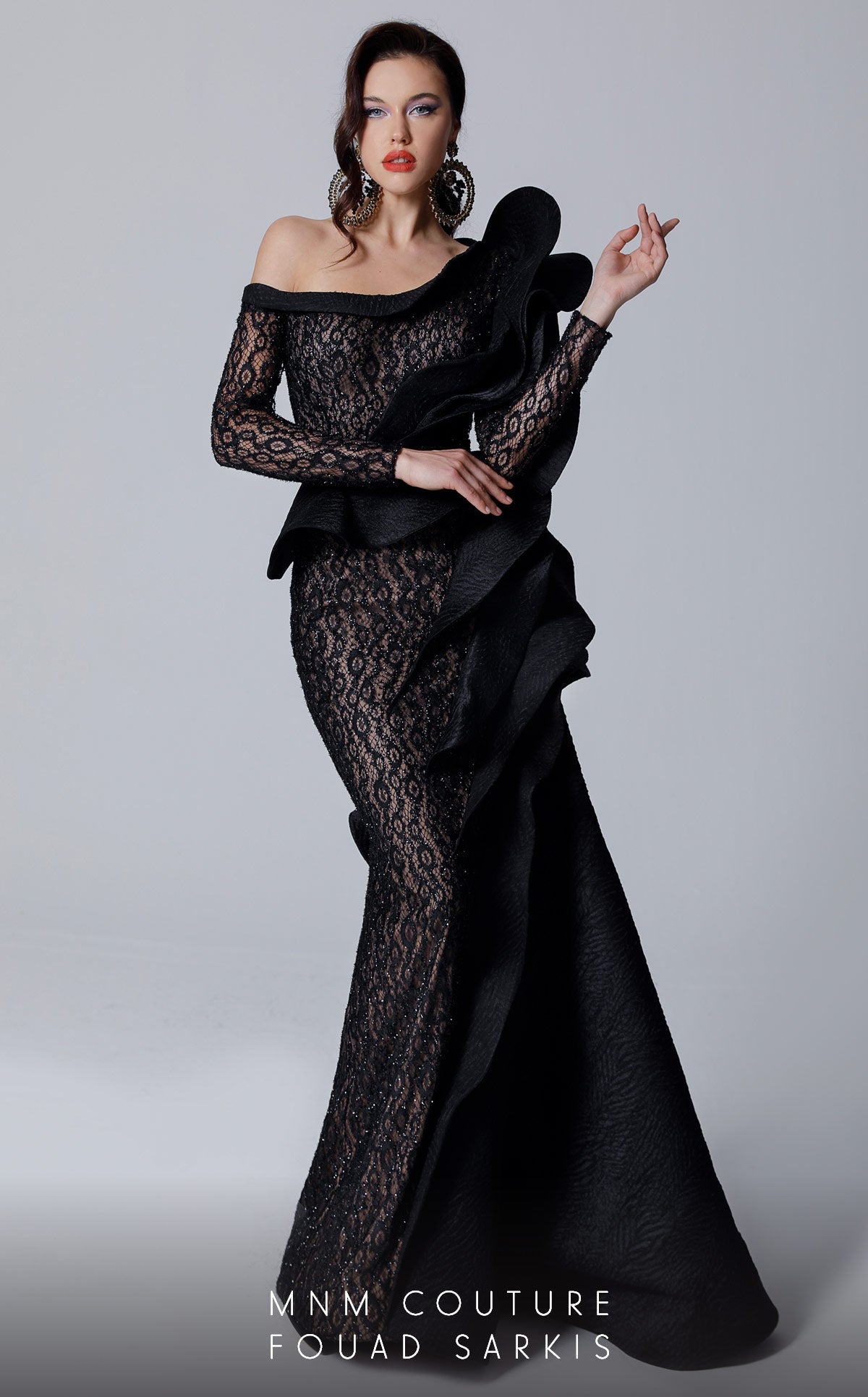 Fouad Sarkis 2735 One-Sleeve Black Lace & Ruffle Gown by MNM Couture