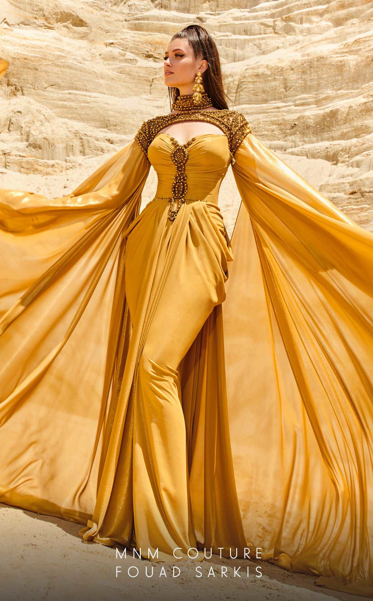 MNM Couture 2759 Mustard Metallic Chiffon Column Gown with Cap Sleeves