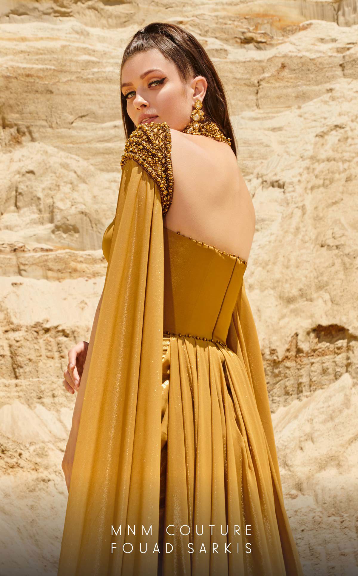 MNM Couture 2759 Mustard Metallic Chiffon Column Gown with Cap Sleeves
