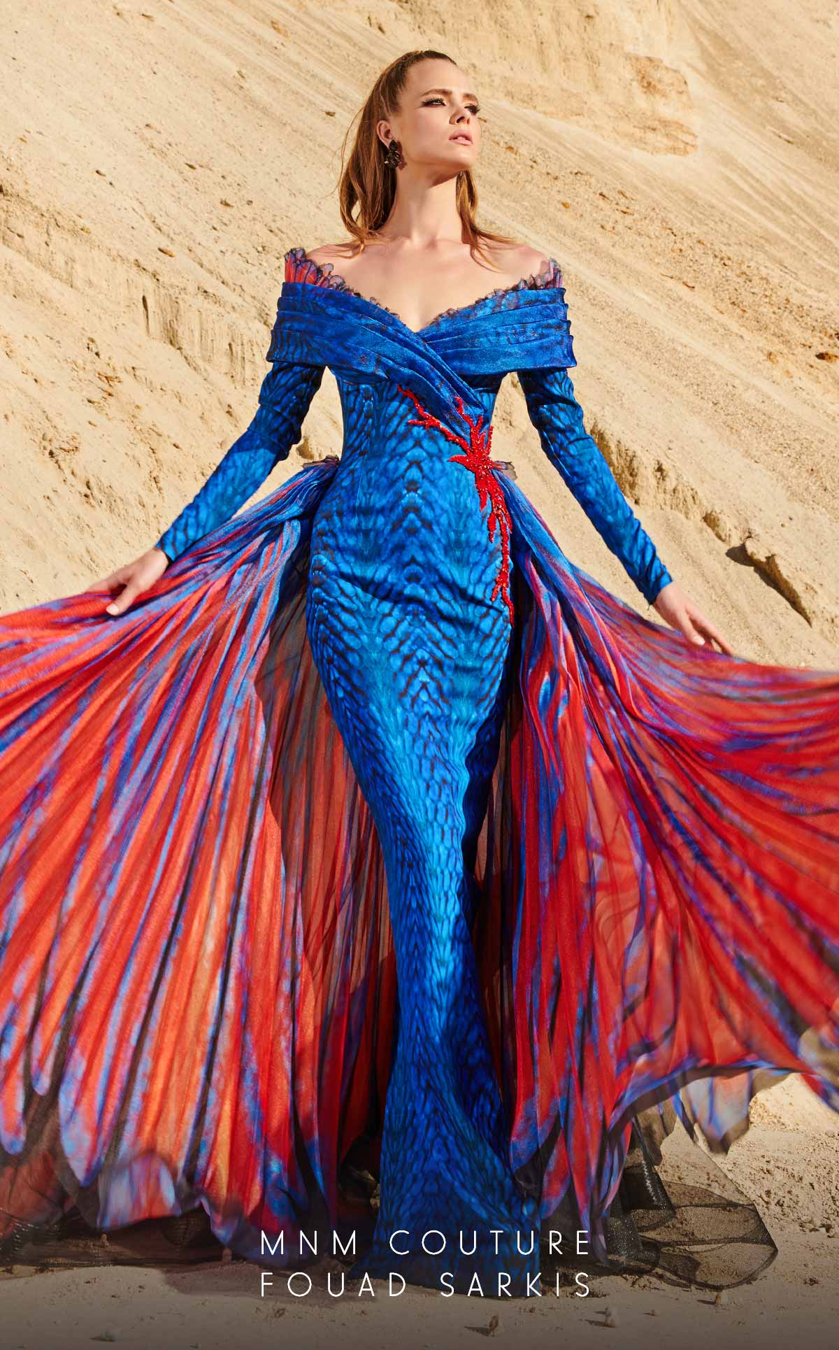 Fouad Sarkis 2762 Off-Shoulder Gown with Flowing Cape Panels