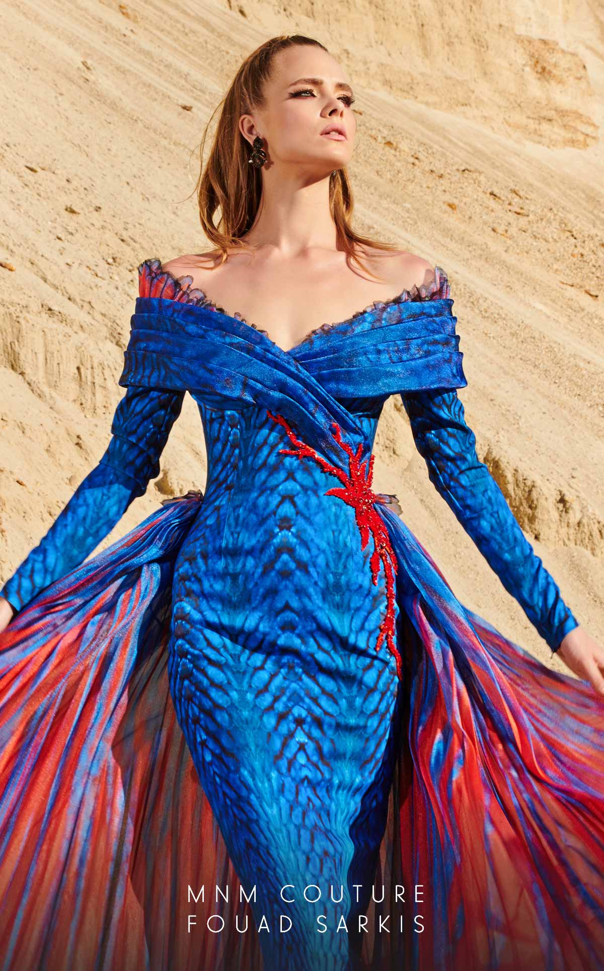 Fouad Sarkis 2762 Off-Shoulder Gown with Flowing Cape Panels