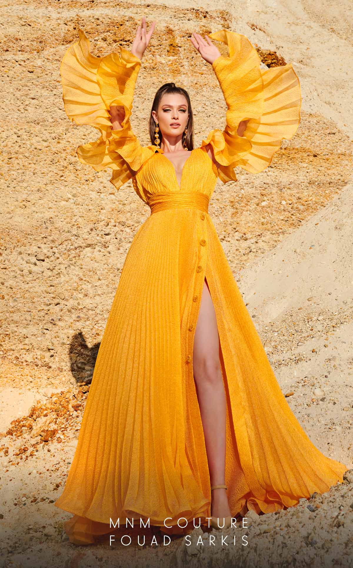 Fouad Sarkis 2775 Pleated Gown with Statement Sleeves