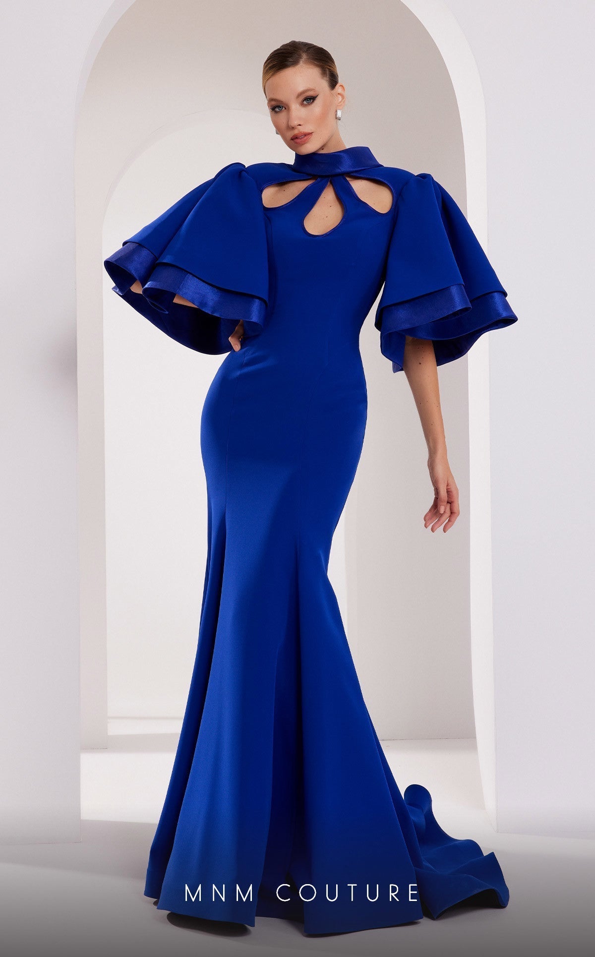 MNM Couture 2798 Black Mermaid Gown with Keyhole Neck & Puffed Sleeves
