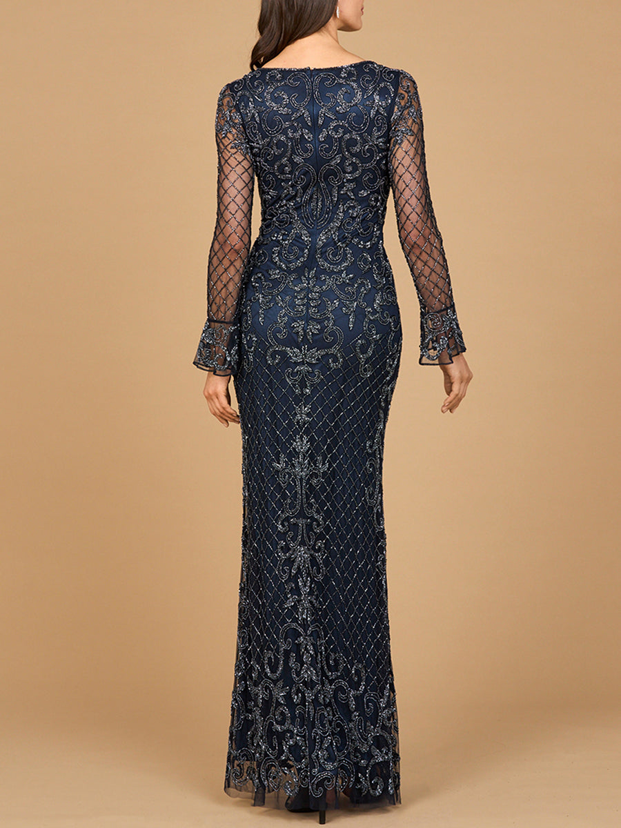Beaded Long Sleeve V-neck Gown