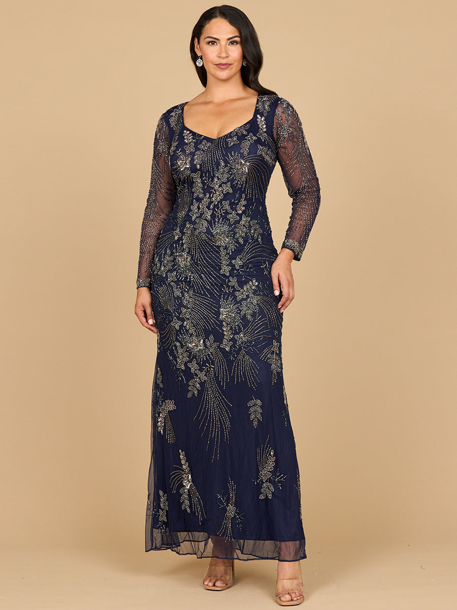 Long Sleeve Queen Anne Beaded Gown