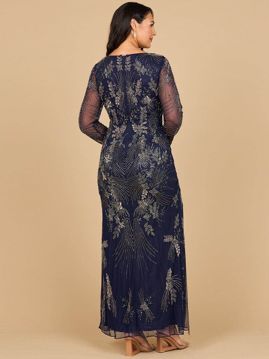 Long Sleeve Queen Anne Beaded Gown