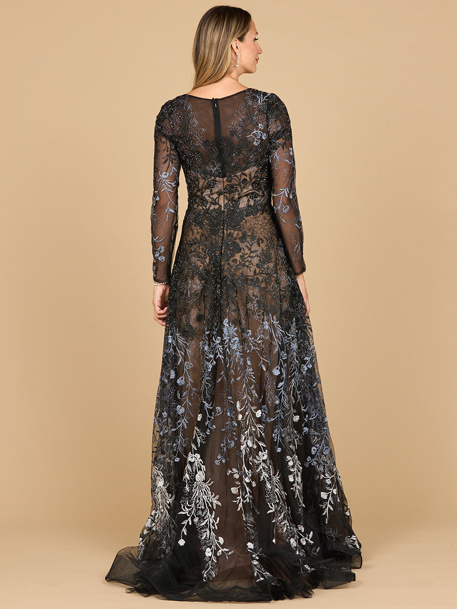 Lara 28878- Long Sleeve V-Neck Ombre Lace Gown