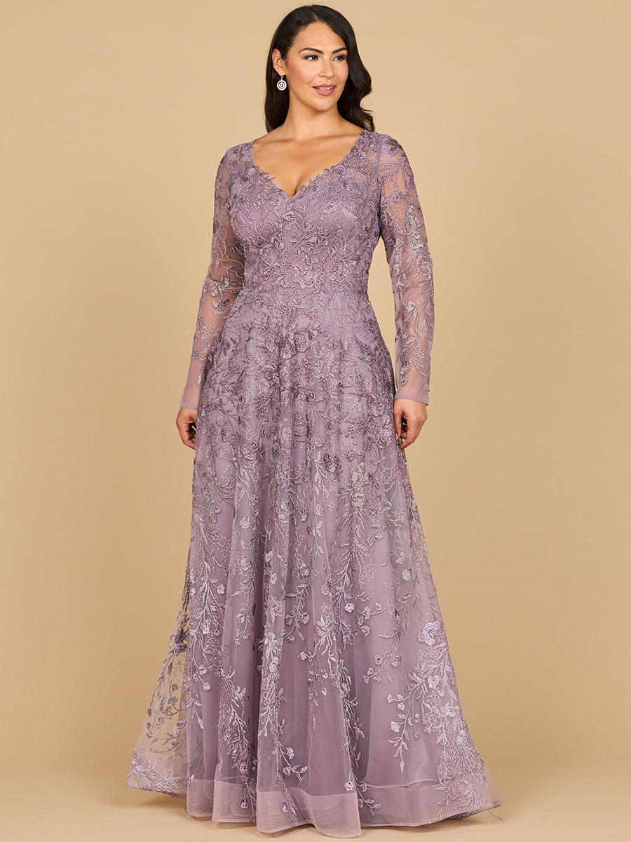 Lara 28878- Long Sleeve V-Neck Ombre Lace Gown