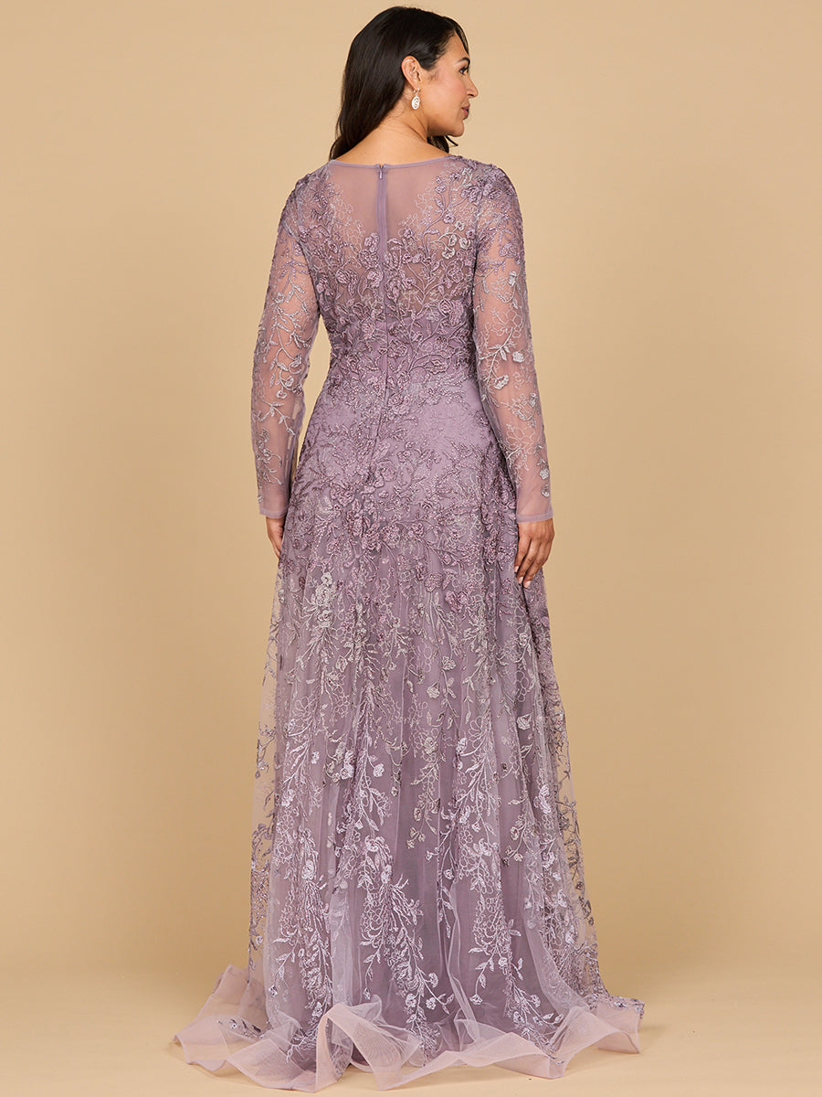 Lara 28878- Long Sleeve V-Neck Ombre Lace Gown