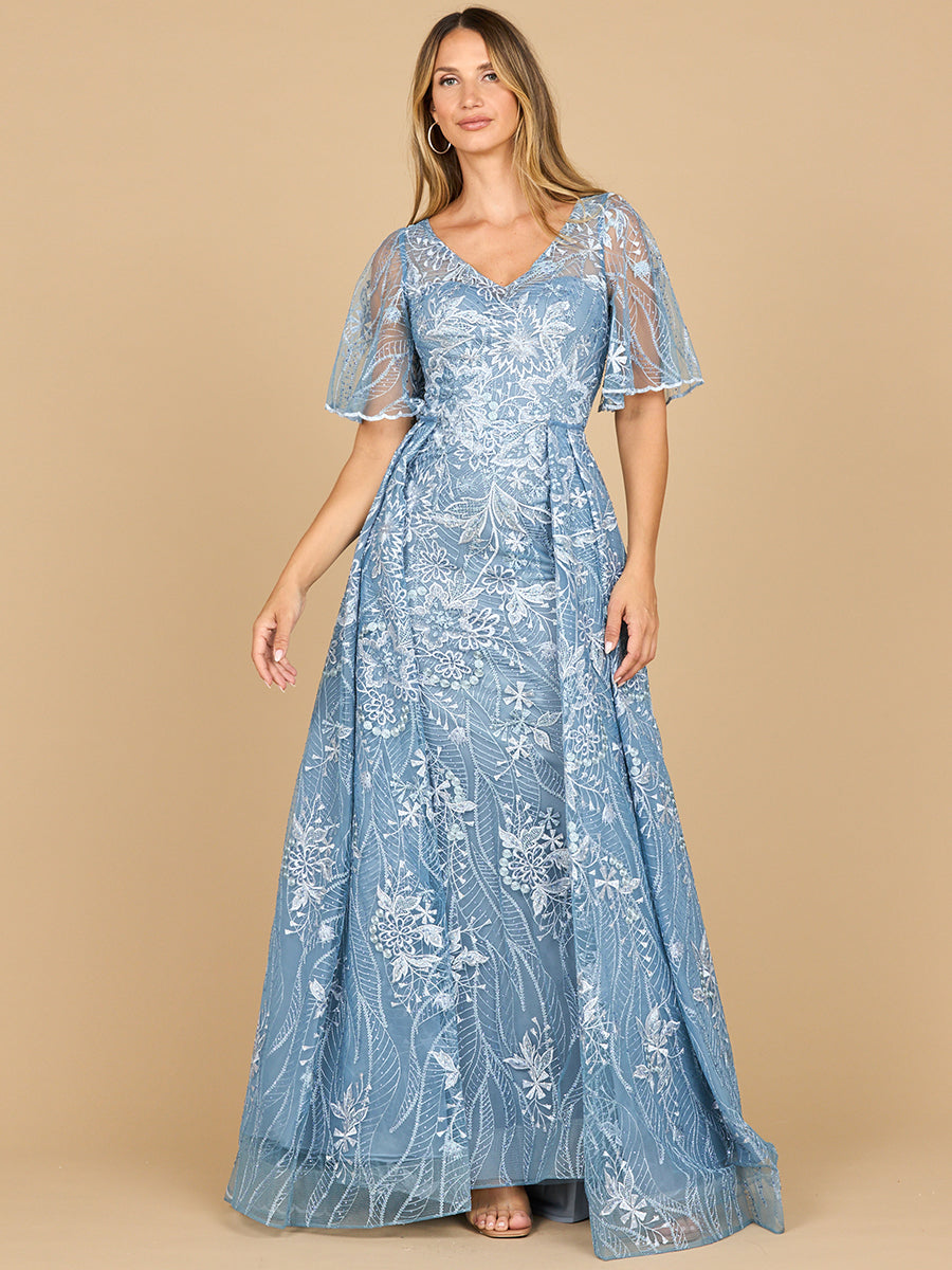 Lara 28880- Overskirt Lace Fitted V-Neck Gown with Cape Sleeves