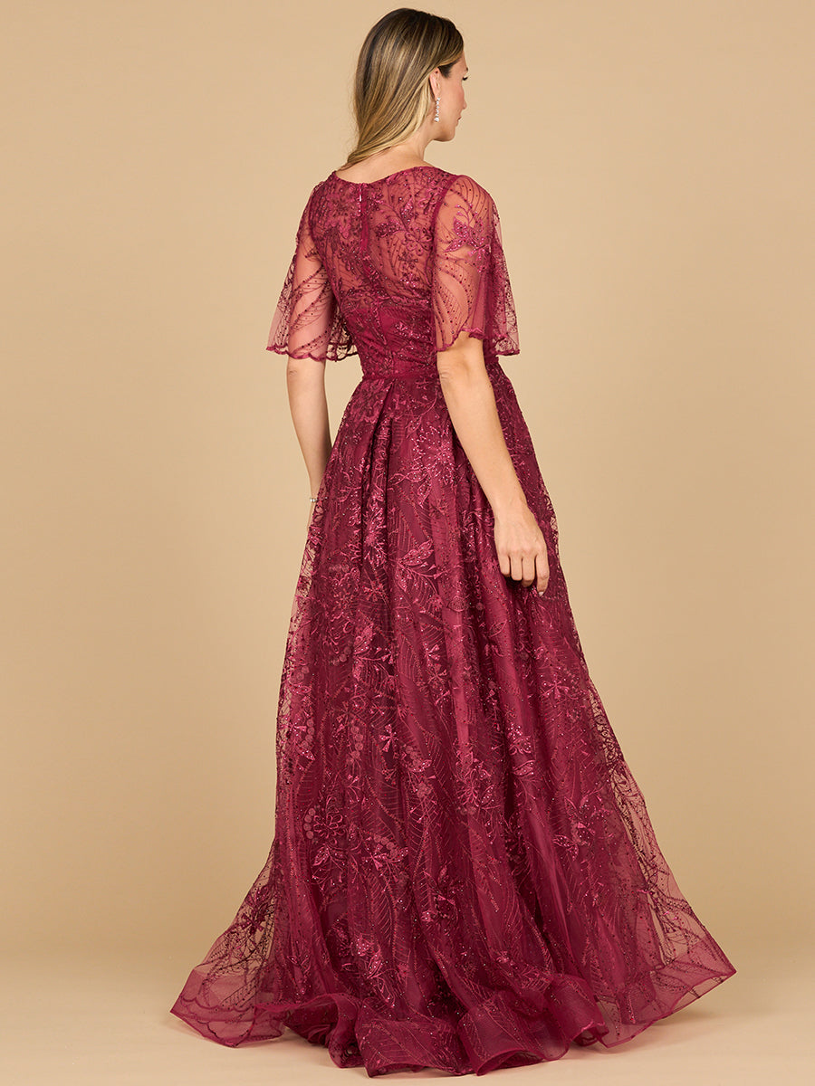 Lara 28880- Overskirt Lace Fitted V-Neck Gown with Cape Sleeves