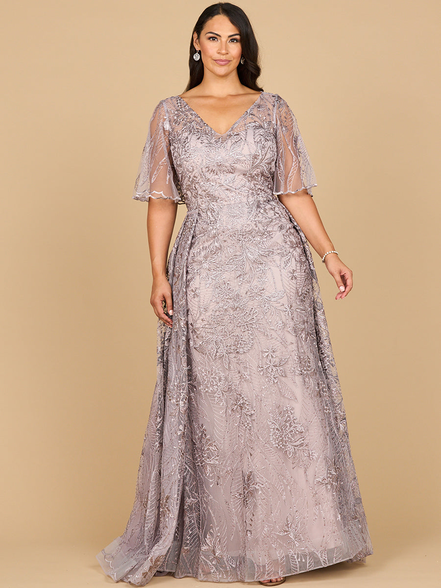 Lara 28880- Overskirt Lace Fitted V-Neck Gown with Cape Sleeves