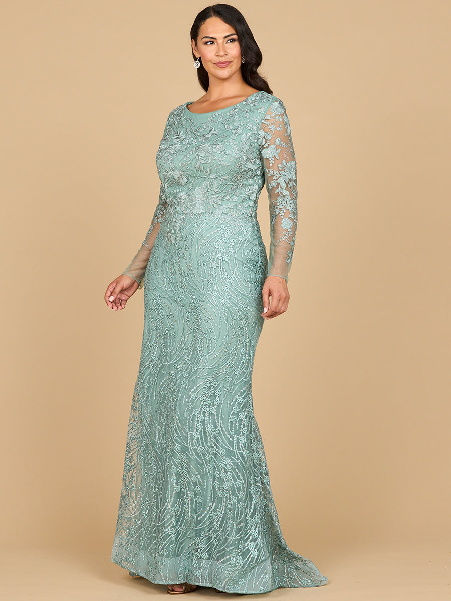 Long Sleeve Gown with Overskirt & Illusion Neckline