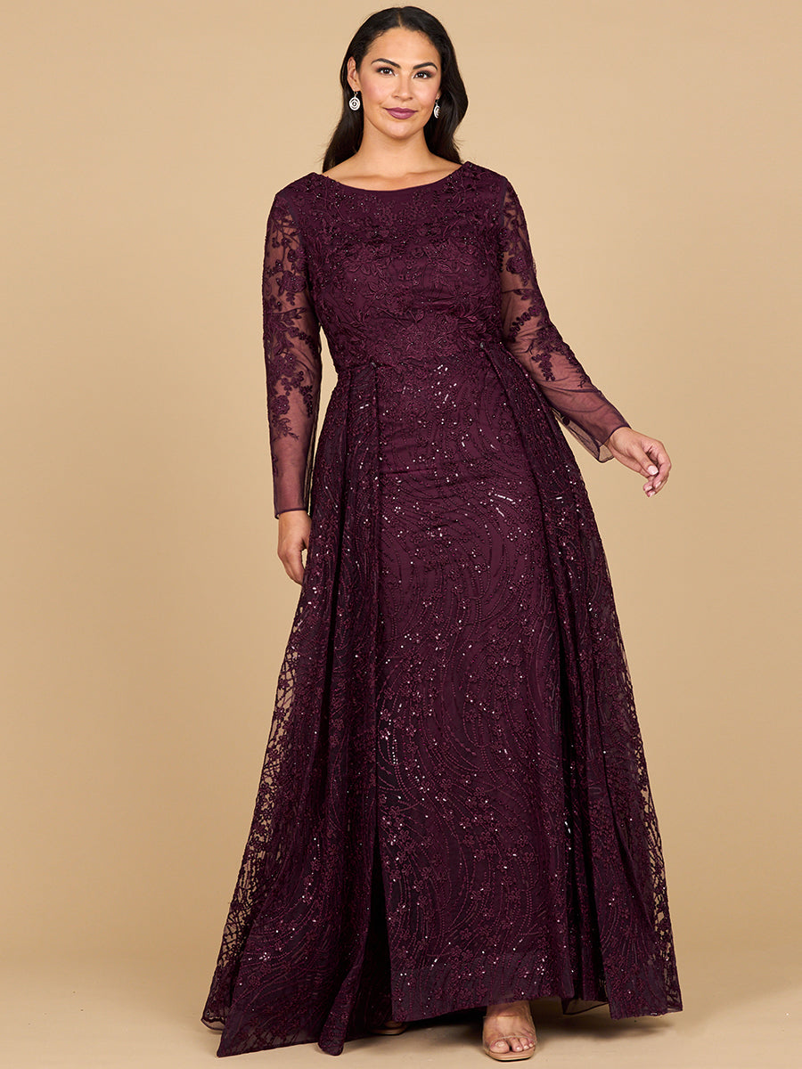 Long Sleeve Gown with Overskirt & Illusion Neckline