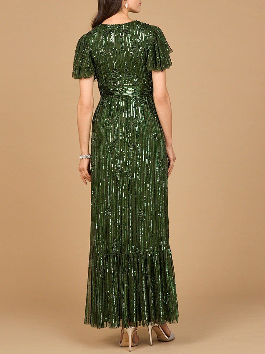 Elegant Beaded Gown with Flutter Sleeves