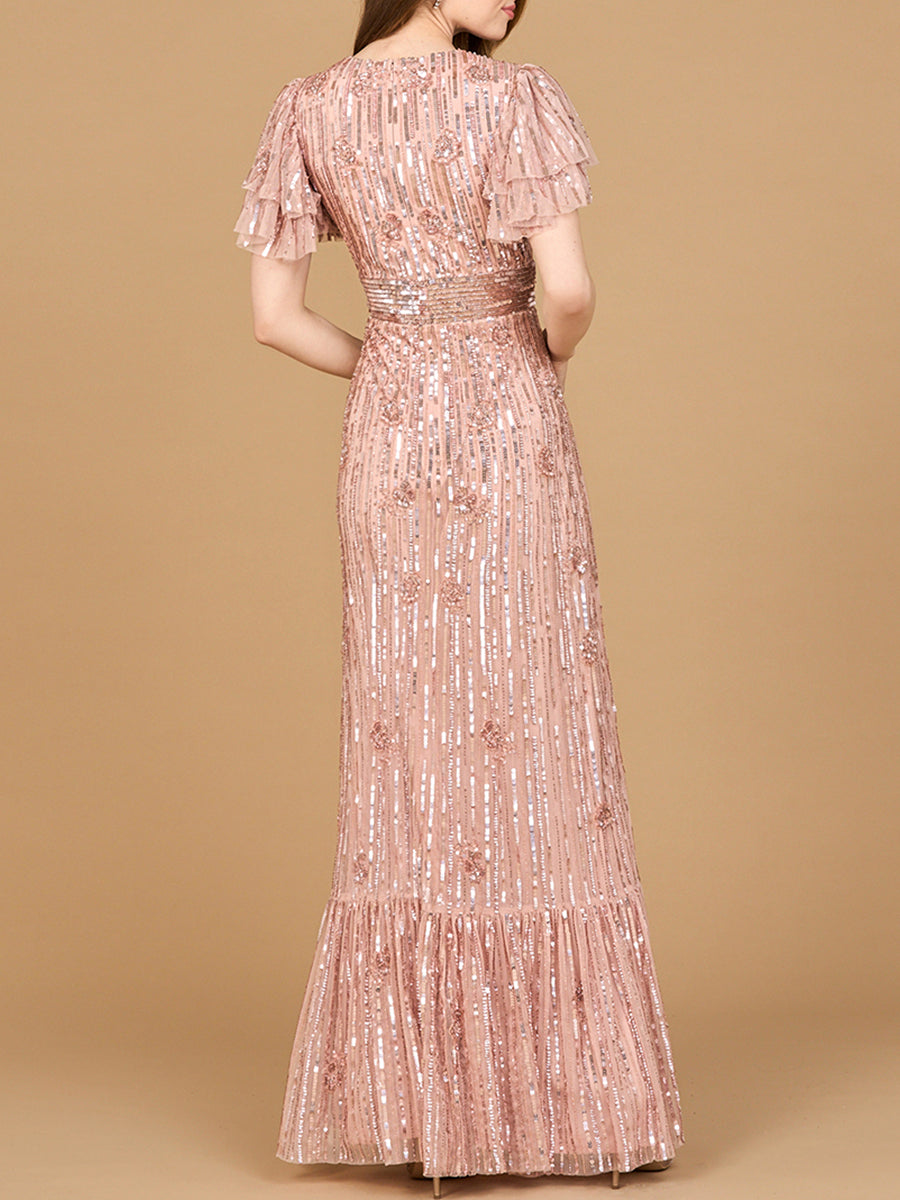 Elegant Beaded Gown with Flutter Sleeves