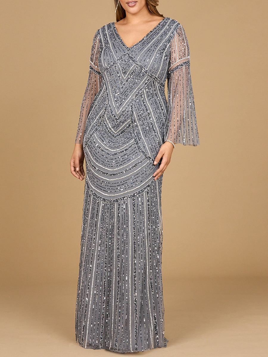 Long Sleeve Beaded Gown with Trumpet Sleeves
