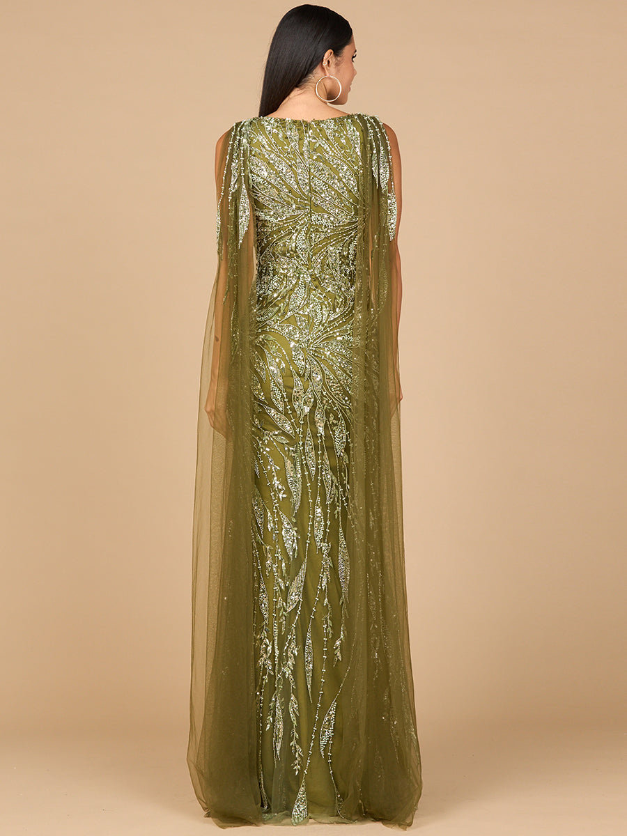 V-Neck Gown with Long Cape Sleeves
