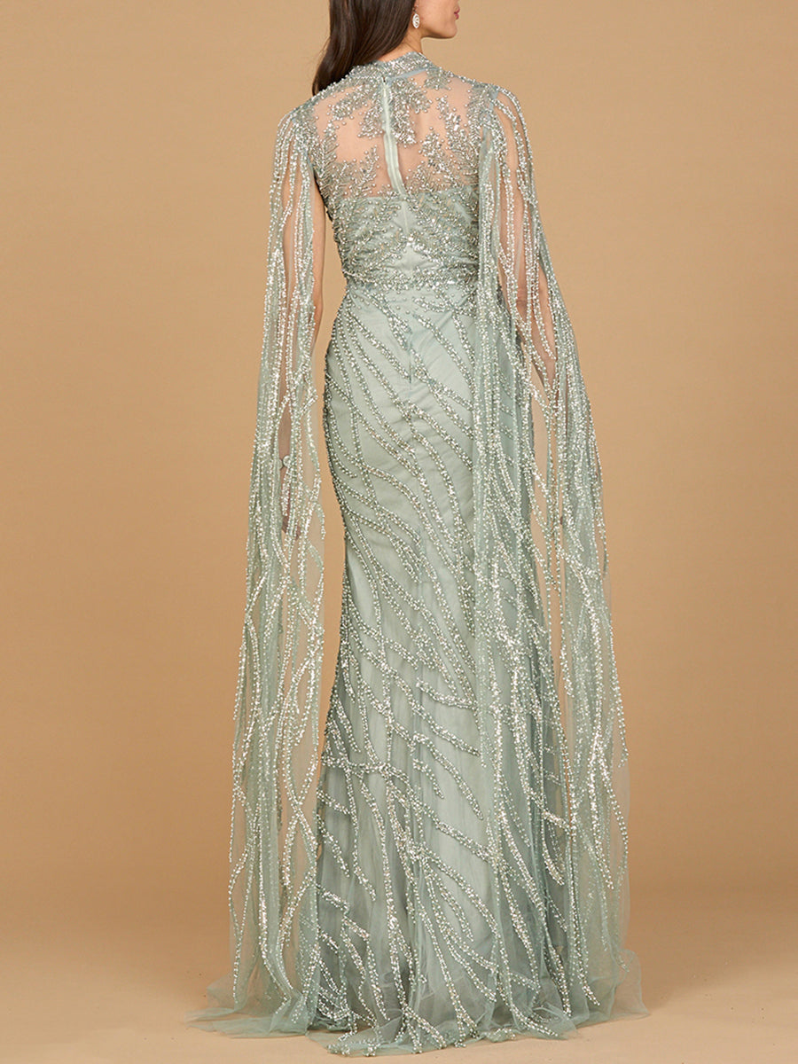 High Neck Gown with Long Cape Sleeves