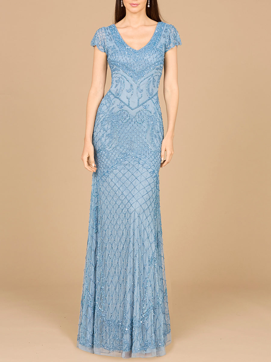 Lara 29073 Beaded Cap Sleeve Formal Evening Gown With V-Neckline