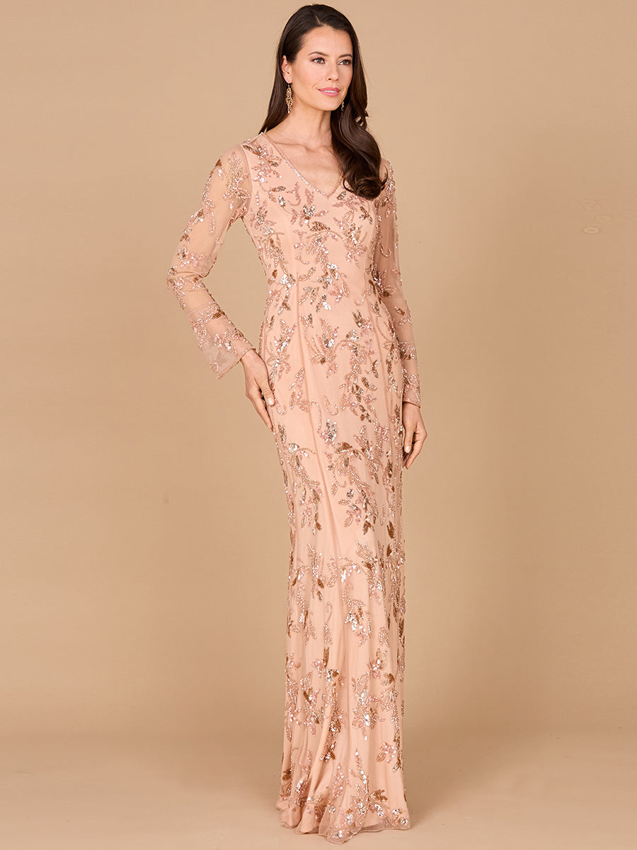 Beaded Dress with Sheer Long Sleeves