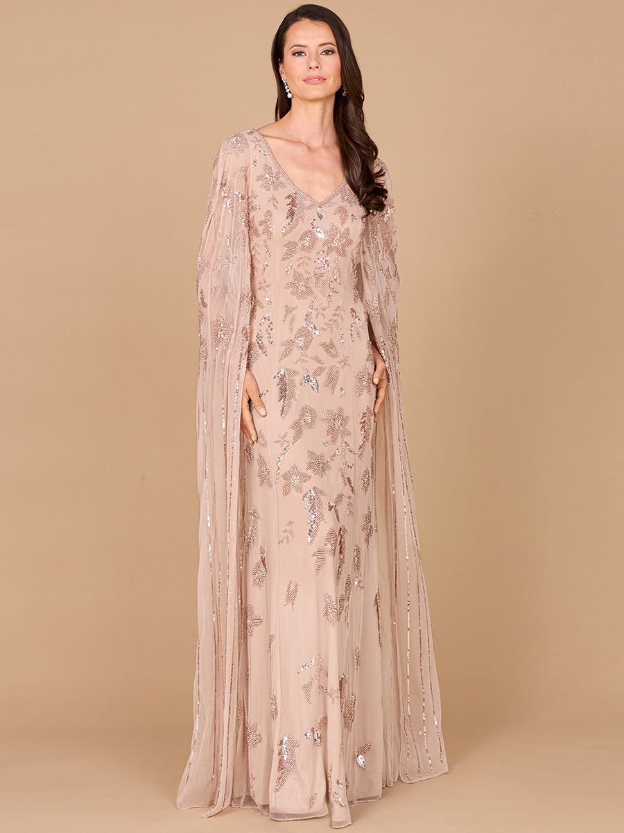 Beaded Sheath Dress with Long Cape