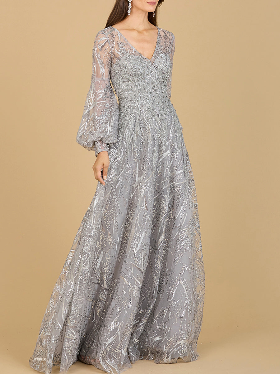 V Neckline Long Sleeve Gown