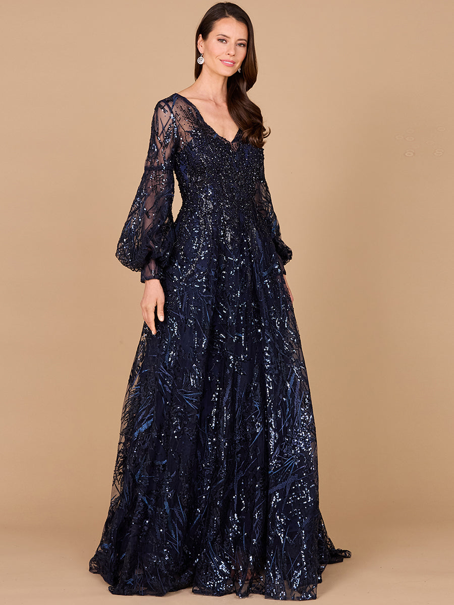 V Neckline Long Sleeve Gown
