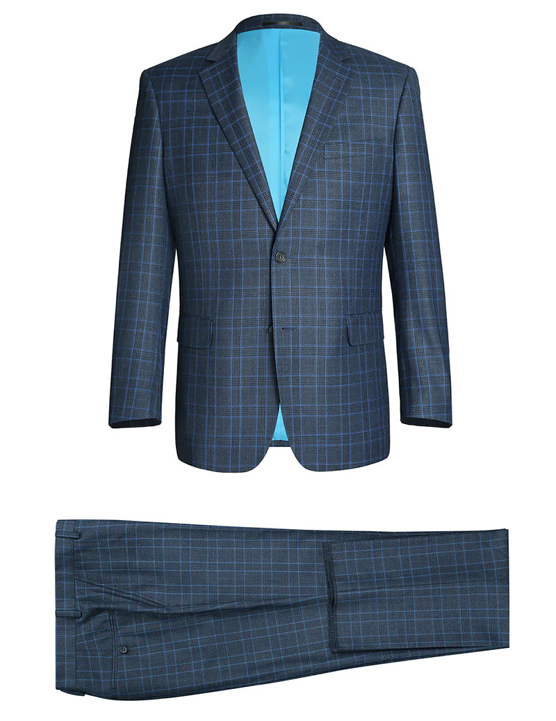 Blue Windowpane Regular Fit Suit Set