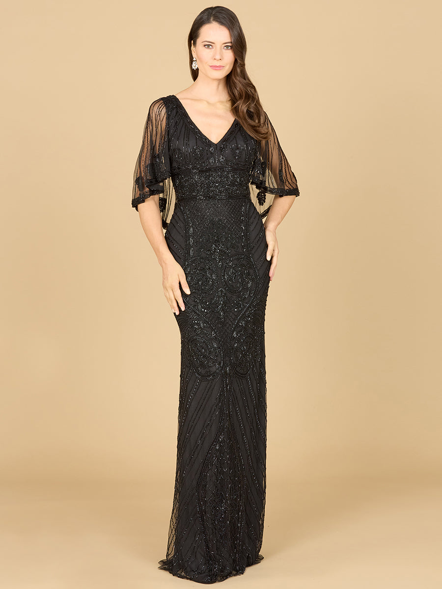Cape Sleeve V-Neck Beaded Gown